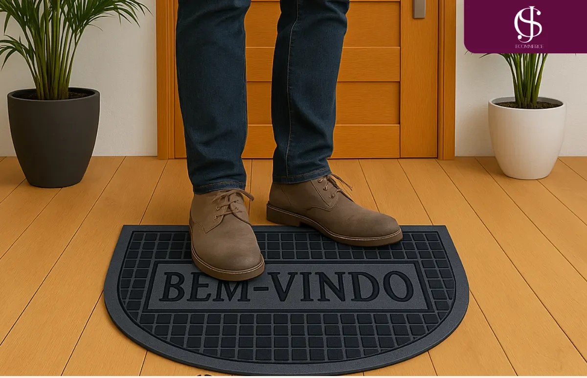 Tapete Capacho Meia Lua Bem vindo Antiderrapante Porta Entrada Preto