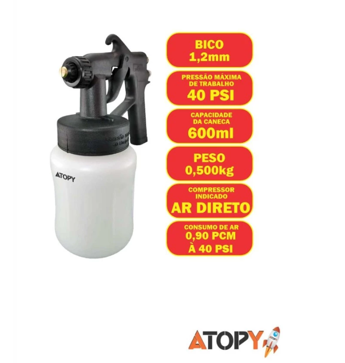 Pistola Pintura Ar Direto Bico 1.2Mm Caneca 600ml - Atopy